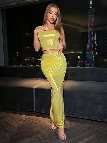 Women'S Metallic Camisole And Skirt Two-Piece Set