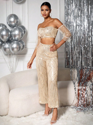 Women'S Off-Shoulder Mesh Top With Flared Sleeves And Glitter Detailing And Pants Set