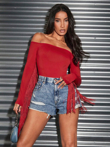 Women'S Off Shoulder Long Sleeve Long Fringe Bodycon Bodysuit