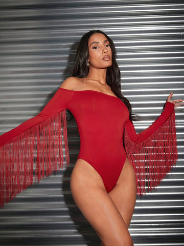 Women'S Off Shoulder Long Sleeve Long Fringe Bodycon Bodysuit