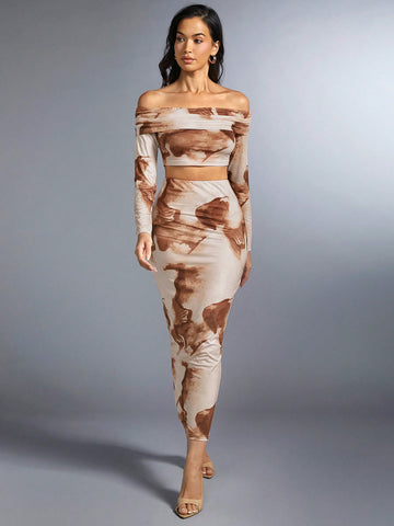 Women'S Off Shoulder Tie-Dye Long Sleeve Top And Skirt Set