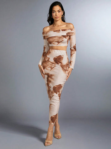 Women'S Off Shoulder Tie-Dye Long Sleeve Top And Skirt Set