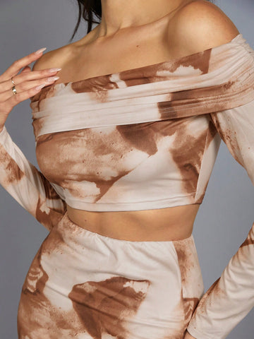 Women'S Off Shoulder Tie-Dye Long Sleeve Top And Skirt Set