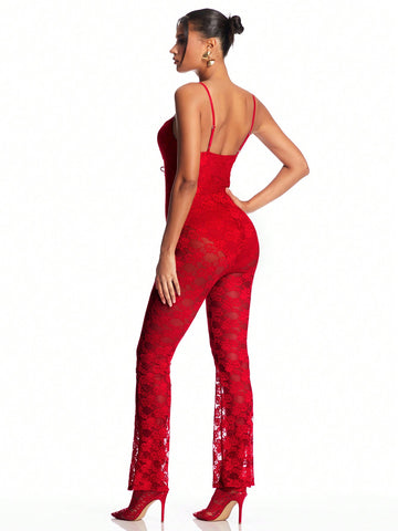 Women'S Red Valentine'S Day Suspender Front Strap See-Through Lace Micro-Flare Sexy Long Jumpsuit