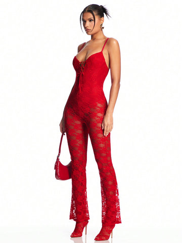 Women'S Red Valentine'S Day Suspender Front Strap See-Through Lace Micro-Flare Sexy Long Jumpsuit