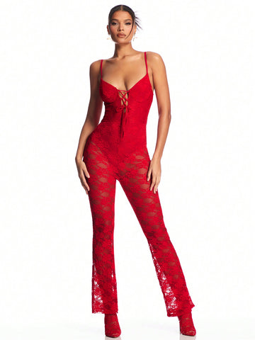 Women'S Red Valentine'S Day Suspender Front Strap See-Through Lace Micro-Flare Sexy Long Jumpsuit