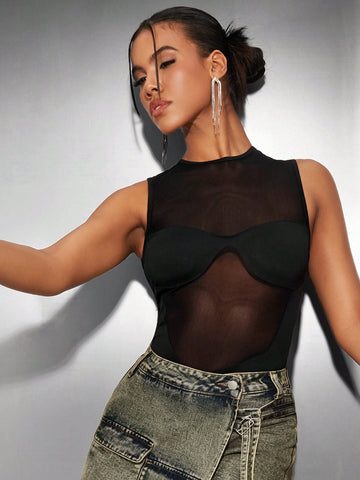 Women'S Sexy Black Sheer Mesh Panel Bodysuit