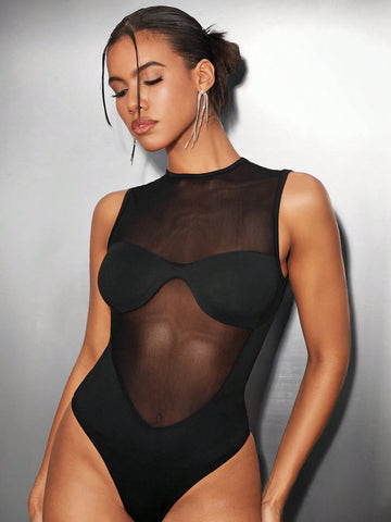 Women'S Sexy Black Sheer Mesh Panel Bodysuit