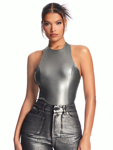 Women'S Solid Color Metallic Leather Round Neck Backless Jumpsuit