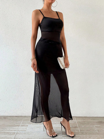 Women'S Solid Color See-Through Cami Two-Piece Set