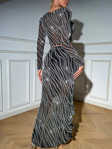 Women'S Sparkly Zebra Pattern Mesh Two-Piece Set