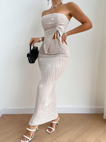 Women'S Strapless Smocked Top And Skirt Two Piece Set With Drawstring
