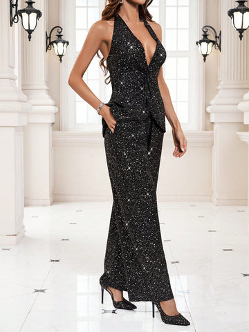 Women'S V-Neck Silver Foil Print Halter Neck Top With Matching Waist Tie, 2pcs/Set