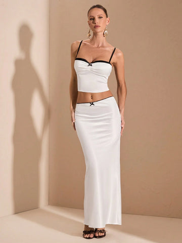 Women 2pcs Set: Contrast Color Ruched Camisole Backless Satin Top + Low-Waist Satin Mermaid Hem Mini Skirt, Suitable For Ball Gowns, Night Outs, Dates & Halloween Parties