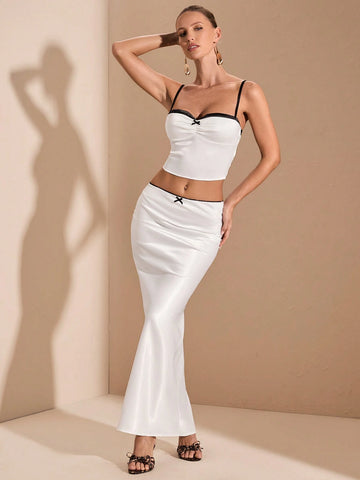 Women 2pcs Set: Contrast Color Ruched Camisole Backless Satin Top + Low-Waist Satin Mermaid Hem Mini Skirt, Suitable For Ball Gowns, Night Outs, Dates & Halloween Parties