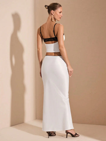 Women 2pcs Set: Contrast Color Ruched Camisole Backless Satin Top + Low-Waist Satin Mermaid Hem Mini Skirt, Suitable For Ball Gowns, Night Outs, Dates & Halloween Parties