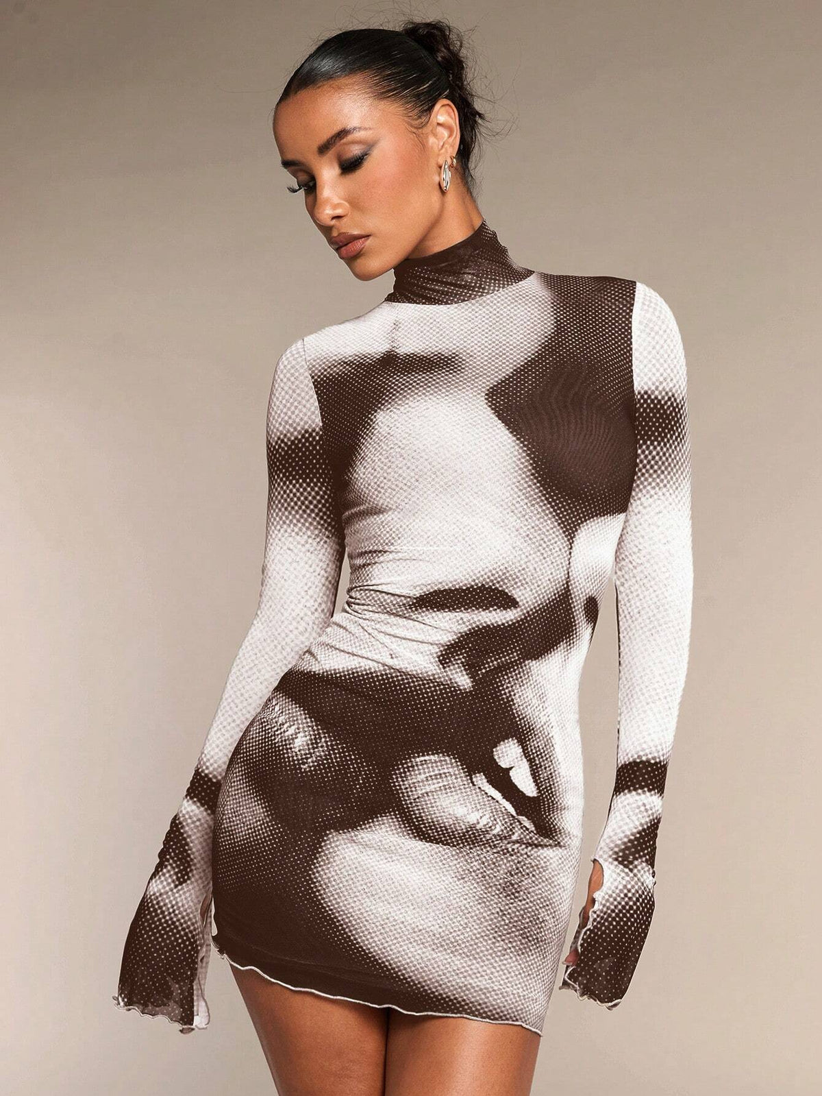 Women 3D Figure Print Turtleneck Long Sleeve Bodycon Mini Dress Autumn