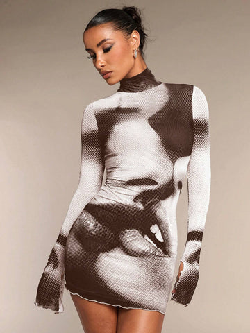 Women 3D Figure Print Turtleneck Long Sleeve Bodycon Mini Dress Autumn
