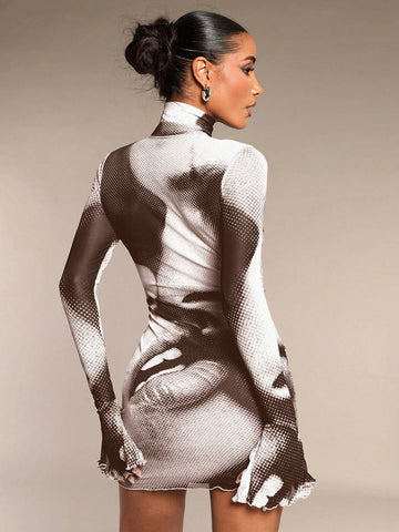 Women 3D Figure Print Turtleneck Long Sleeve Bodycon Mini Dress Autumn