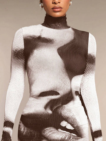 Women 3D Figure Print Turtleneck Long Sleeve Bodycon Mini Dress Autumn