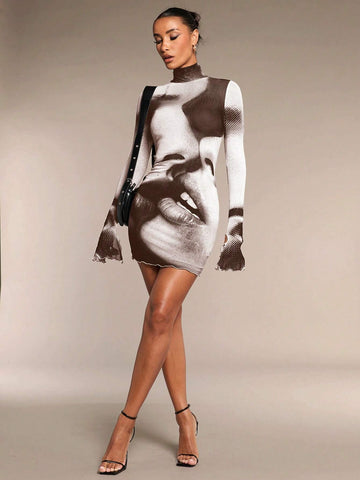 Women 3D Figure Print Turtleneck Long Sleeve Bodycon Mini Dress Autumn