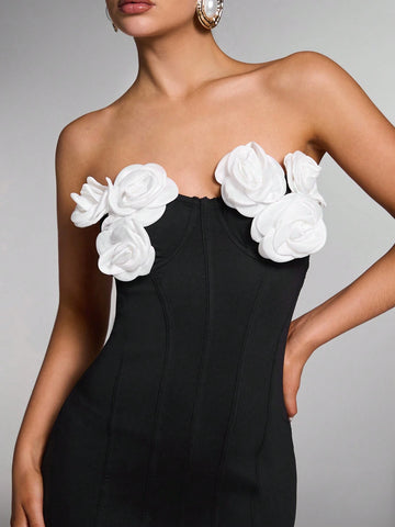 Women 3D Floral Decor Bandeau Simple Casual Short Dress