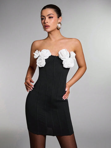 Women 3D Floral Decor Bandeau Simple Casual Short Dress