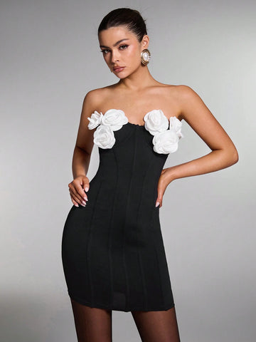 Women 3D Floral Decor Bandeau Simple Casual Short Dress