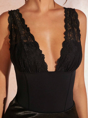 Women Black Lace Deep V-Neck Suspenders Knitted Stretchable One-Piece Bodysuit