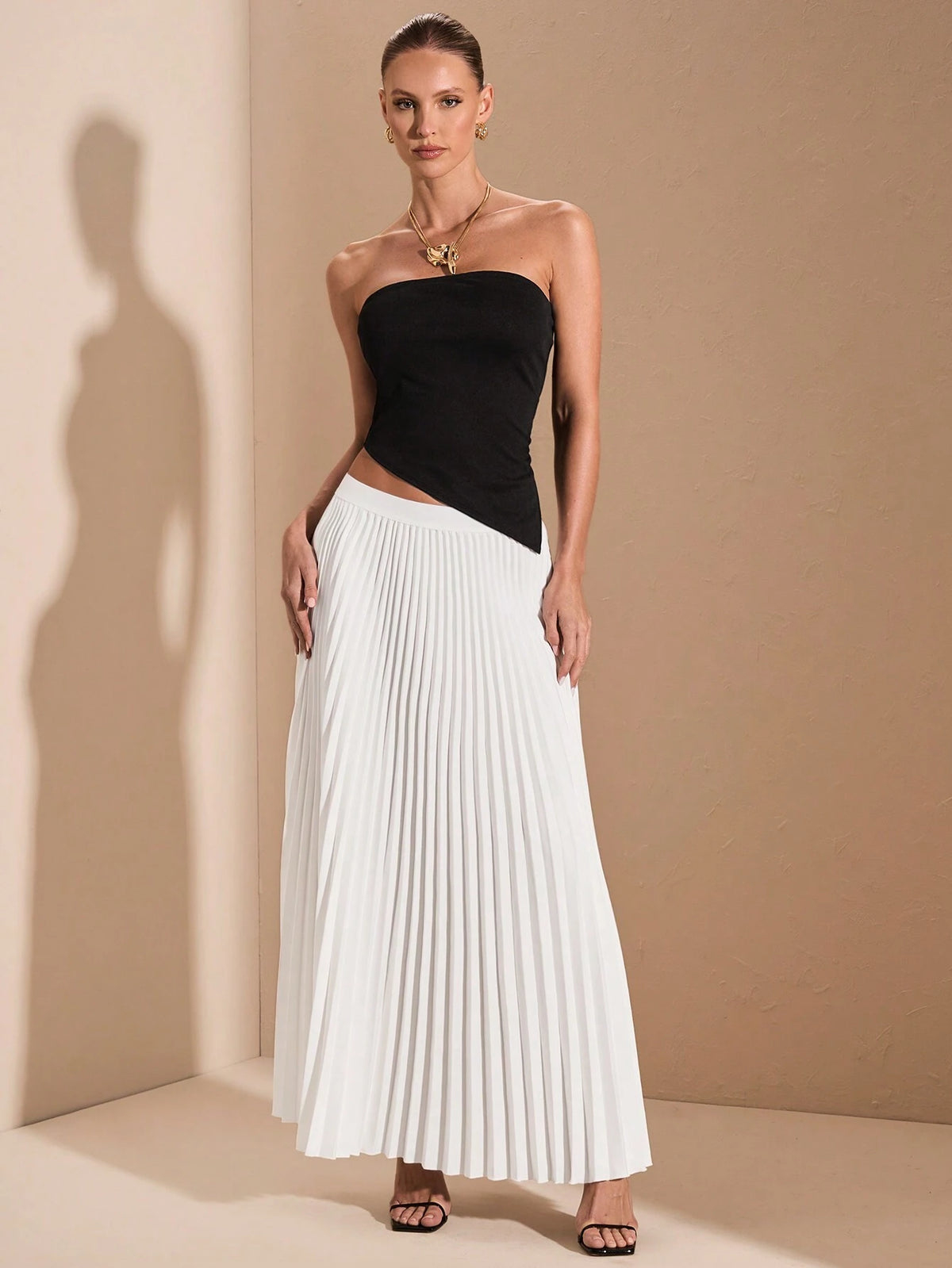 Women Casual Black Top + White Pleated Hem Skirt 2-Piece Outfit, Autumn