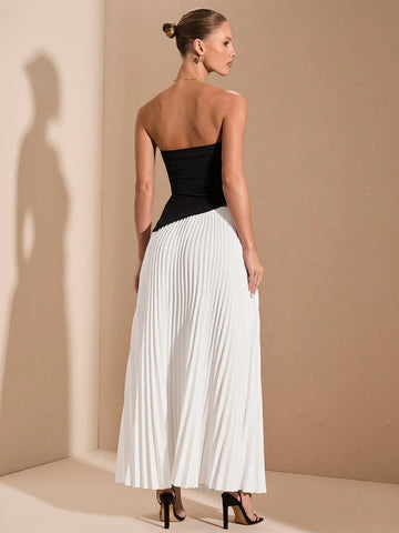 Women Casual Black Top + White Pleated Hem Skirt 2-Piece Outfit, Autumn