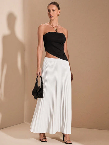 Women Casual Black Top + White Pleated Hem Skirt 2-Piece Outfit, Autumn