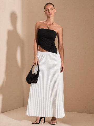 Women Casual Black Top + White Pleated Hem Skirt 2-Piece Outfit, Autumn