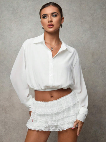 BAE Women Casual Drop Shoulder Loose Elastic Hem Cropped Shirt