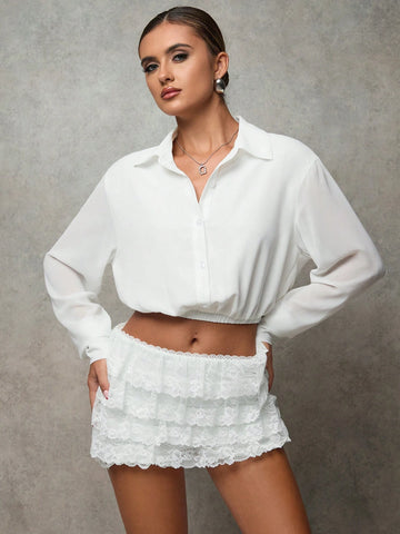 BAE Women Casual Drop Shoulder Loose Elastic Hem Cropped Shirt