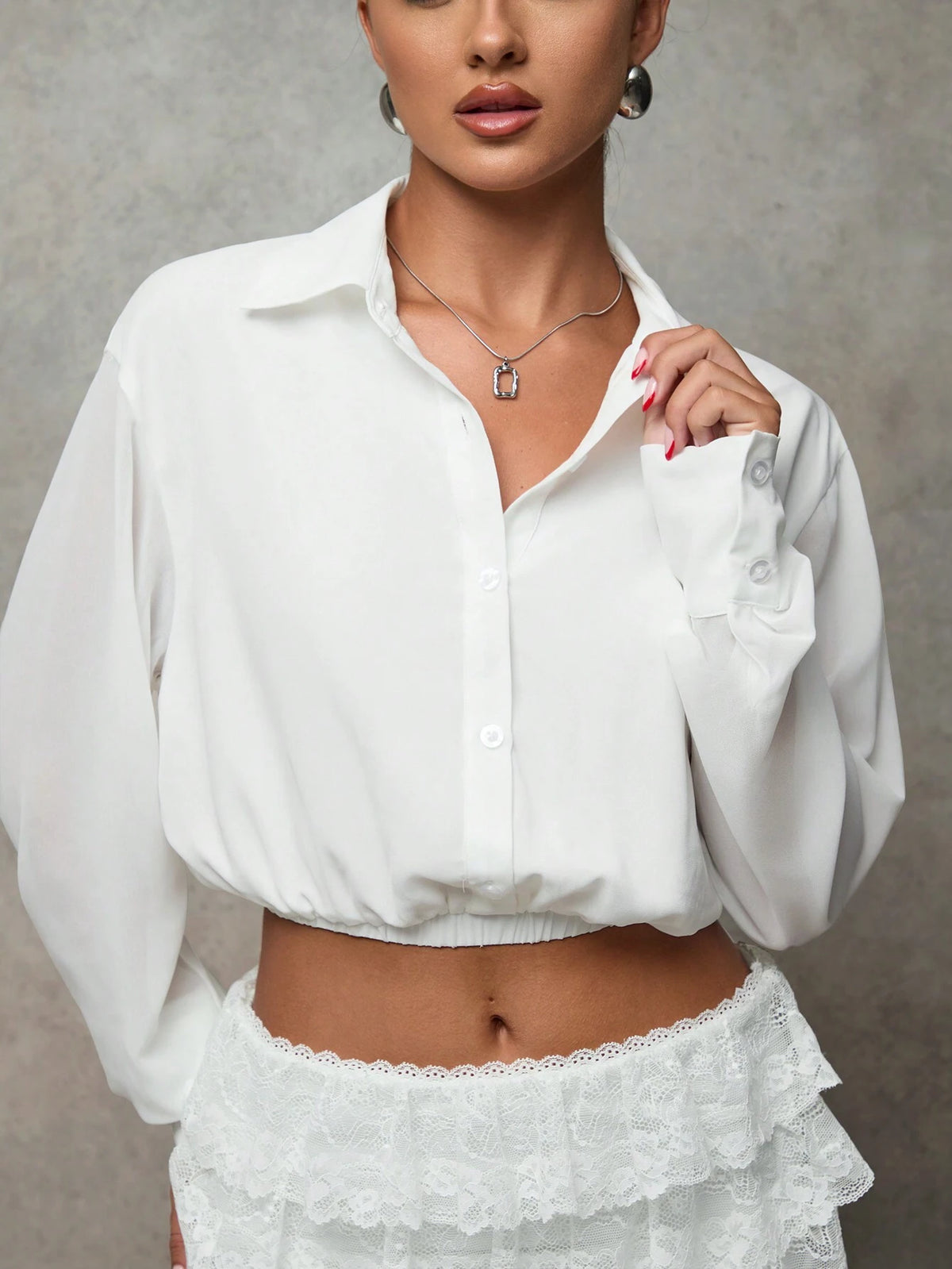 BAE Women Casual Drop Shoulder Loose Elastic Hem Cropped Shirt