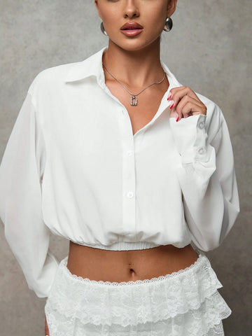 BAE Women Casual Drop Shoulder Loose Elastic Hem Cropped Shirt