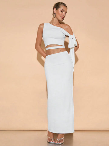 Women Elegant Asymmetrical Asymmetrical Neck Bow-Tie Dress Set, For Casual, Dating, Outing, Nightclub, Party Occasion, Fall