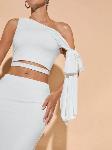 Women Elegant Asymmetrical Asymmetrical Neck Bow-Tie Dress Set, For Casual, Dating, Outing, Nightclub, Party Occasion, Fall