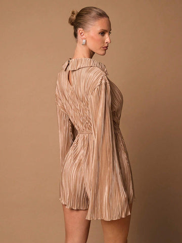 Women Fall Outfits, Elegant Going Out, Party, Daily Wear Ensemble: Long Sleeve Collared Overlapping Flare Cuff Loose Wide Leg Pants