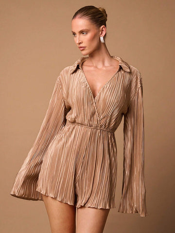 Women Fall Outfits, Elegant Going Out, Party, Daily Wear Ensemble: Long Sleeve Collared Overlapping Flare Cuff Loose Wide Leg Pants