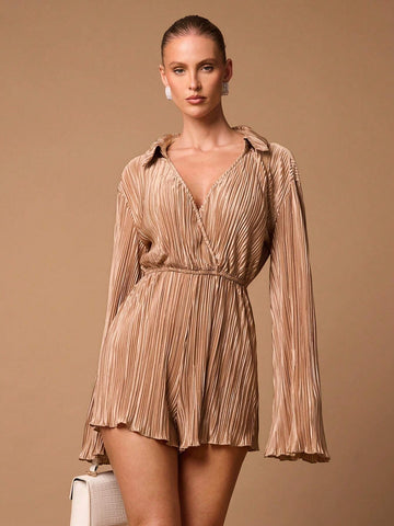 Women Fall Outfits, Elegant Going Out, Party, Daily Wear Ensemble: Long Sleeve Collared Overlapping Flare Cuff Loose Wide Leg Pants