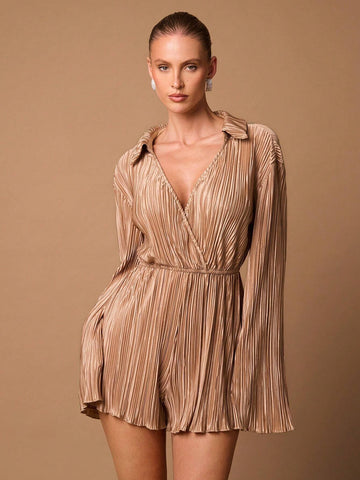 Women Fall Outfits, Elegant Going Out, Party, Daily Wear Ensemble: Long Sleeve Collared Overlapping Flare Cuff Loose Wide Leg Pants