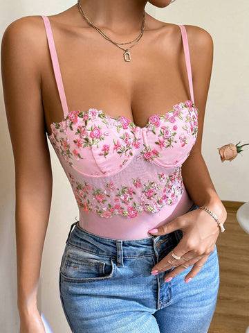 Women Floral Embroidered Cami Bodysuit