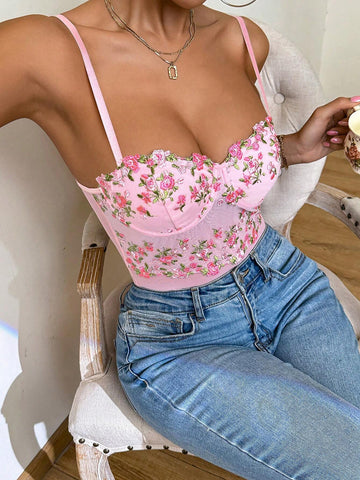 Women Floral Embroidered Cami Bodysuit
