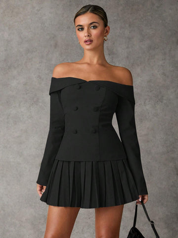 Women Off-Shoulder Pleated Solid Color Dress Fall Wedding Guest Dress Winter Women Dress F