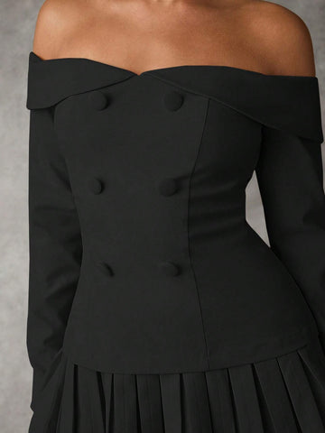Women Off-Shoulder Pleated Solid Color Dress Fall Wedding Guest Dress Winter Women Dress F