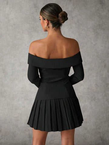 Women Off-Shoulder Pleated Solid Color Dress Fall Wedding Guest Dress Winter Women Dress F