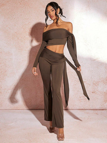Women Off-Shoulder Ruffle Top With Tie Belt Palazzo Pants