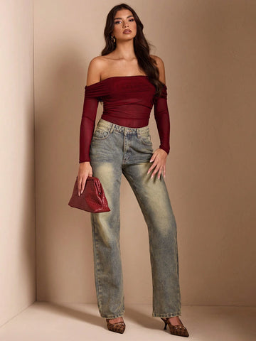 Women Off-Shoulder Solid Color Sexy See-Through Mesh Patchwork Ruched Bodysuit For Halloween